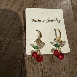 Elegant Cherry Drop Earrings with Red and Green Crystals